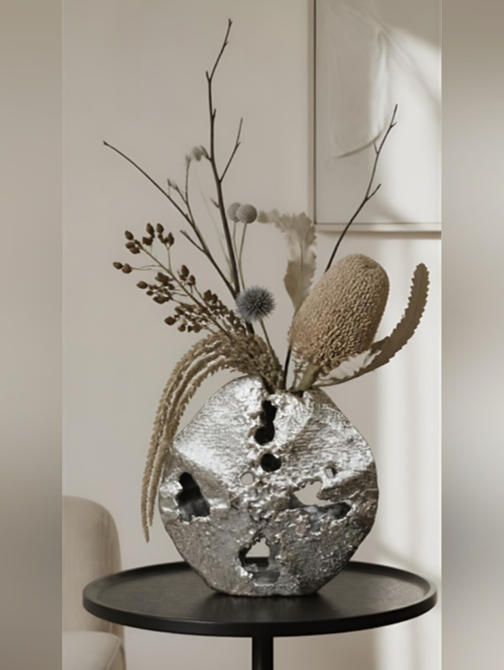 Modern Brutalist Style Silver Metal Vase